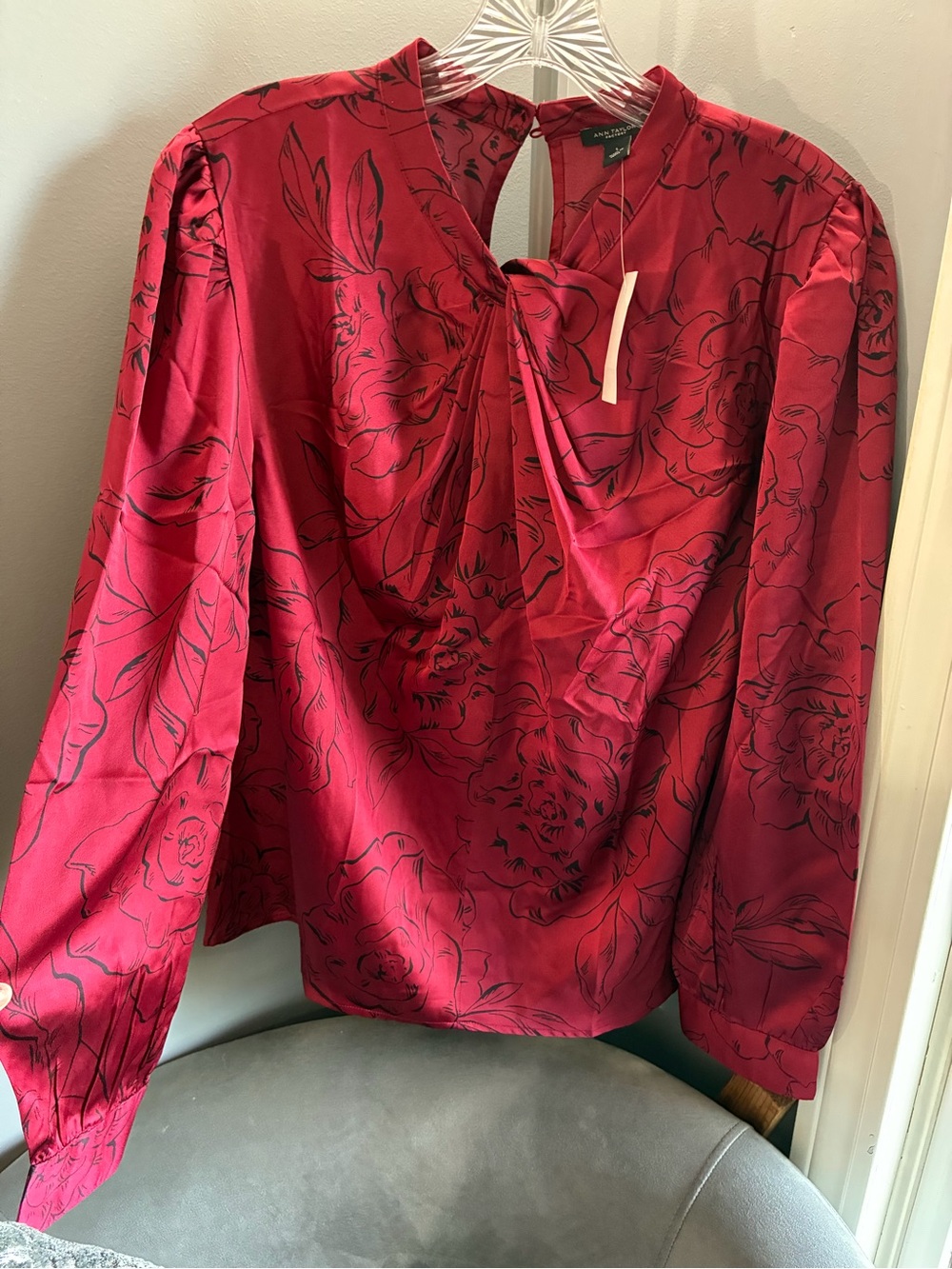 Ann Taylor Red Floral Drape Neck Blouse